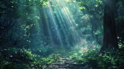Fototapeta premium A forest with sunlight shining through the trees