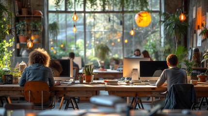 A photo of a busy marketing agency office, employees focused on sleek, modern computers