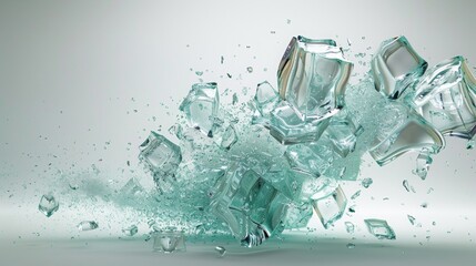 a shattered glass cube flying outwards on an undecorated white background
