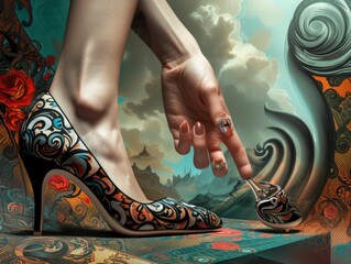 A close-up painting of a womans foot showcasing a unique tattoo design.