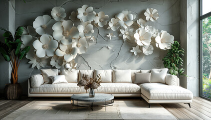 3D wallpaper modern interior design, luxury floral wall mural in the style of white and beige colors, living room with sofa, decorative relief flowers. Created with Ai