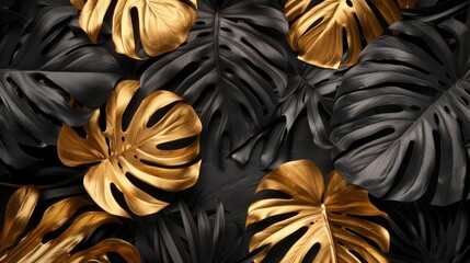 Tropical leaves gold and black, Dark Monstera, palm graphic design