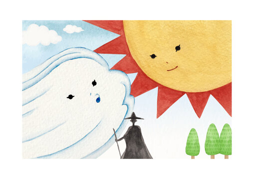 イソップ寓話　北風と太陽　水彩 イラスト ベクター