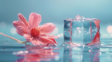   A pink flower on water next to an ice block with water droplets