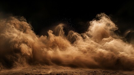 Intense dust cloud rising from the ground, resembling a sandstorm in the desert. The dynamic movement of particles creates a realistic effect of flying dirt and soil