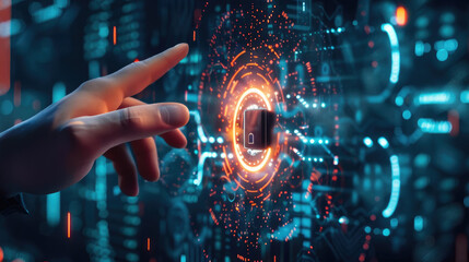 Cybersecurity and privacy protect wallpaper. Lock icon and internet network security technology. artificial intelligence a lock touch protecting personal data on smartphones, and a virtual screen