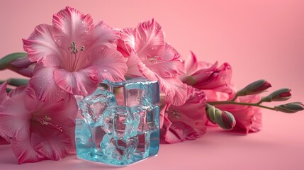   A pink flower adjacent to a blue bottle filled with ice cubes on a pink backdrop