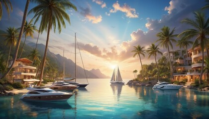 Obraz premium A breathtaking digital artwork of a tranquil tropical marina with luxury yachts moored in calm waters, palm trees, and a beautiful sunset in the background.. AI Generation