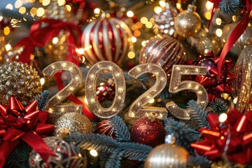 Festive 2025 numerals amidst Christmas decorations with warm golden tones