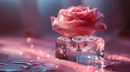   A pink rose resting atop a clear glass vase, surrounded by water droplets