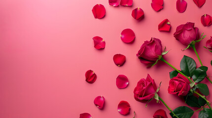 Fototapeta na wymiar Vibrant red roses and scattered petals presented on a vivid pink background for a strong romantic statement