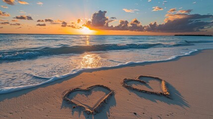 Two hearts drawn on sand of paradise beach at sunset