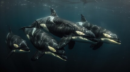Captivating photo of a family of killer whales swimming together in calm waters. Extraordinary Creatures.