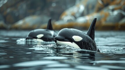 Fototapeta premium Captivating photo of a family of killer whales swimming together in calm waters. Extraordinary Creatures.