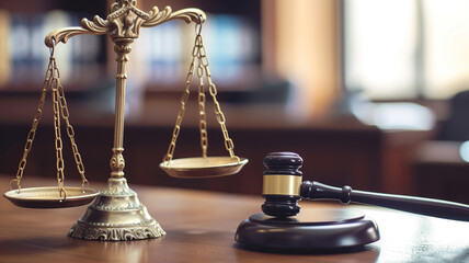 Judge gavel and Scales of Justice in the Court Hall - obrazy, fototapety, plakaty
