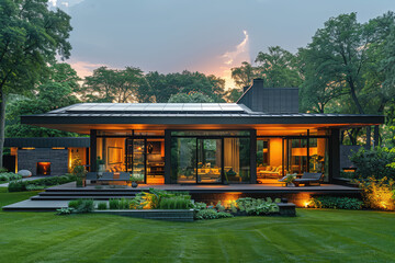 A modernist house with large windows and an open concept living space, surrounded by lush green grass at dusk. Created with Ai