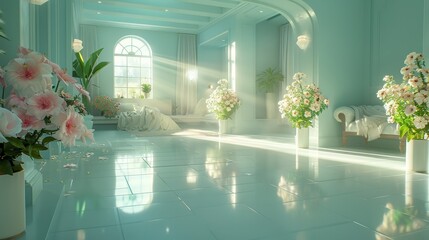   A room filled with vases of flowers on the floor and a couch in the corner