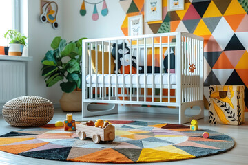 A nursery room with an orange, yellow and white color scheme featuring geometric patterns on the walls, a wooden crib in front of it surrounded by toys, a colorful rug beneath the bed. Created with Ai