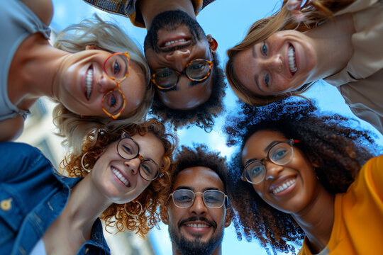 Happy diverse team having fun together. Low angle group portrait of cheerful joyful young and senior Caucasian and African American business people friends huddling, looking down at camera and smiling