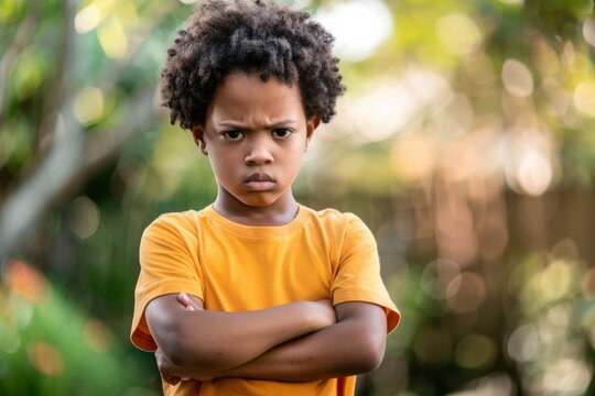 An outdoor image of a young boy in a yellow shirt looking upset with his arms crossed - Powered by Adobe
