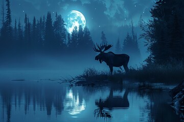 moose standing beneath the soft glow of the moon, its antlers silhouetted against the night sky as it gazes out over a tranquil, moonlit landscape