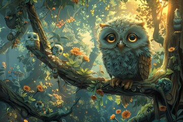 whismical owl illustration sitting on a tree branch of enchanting forest