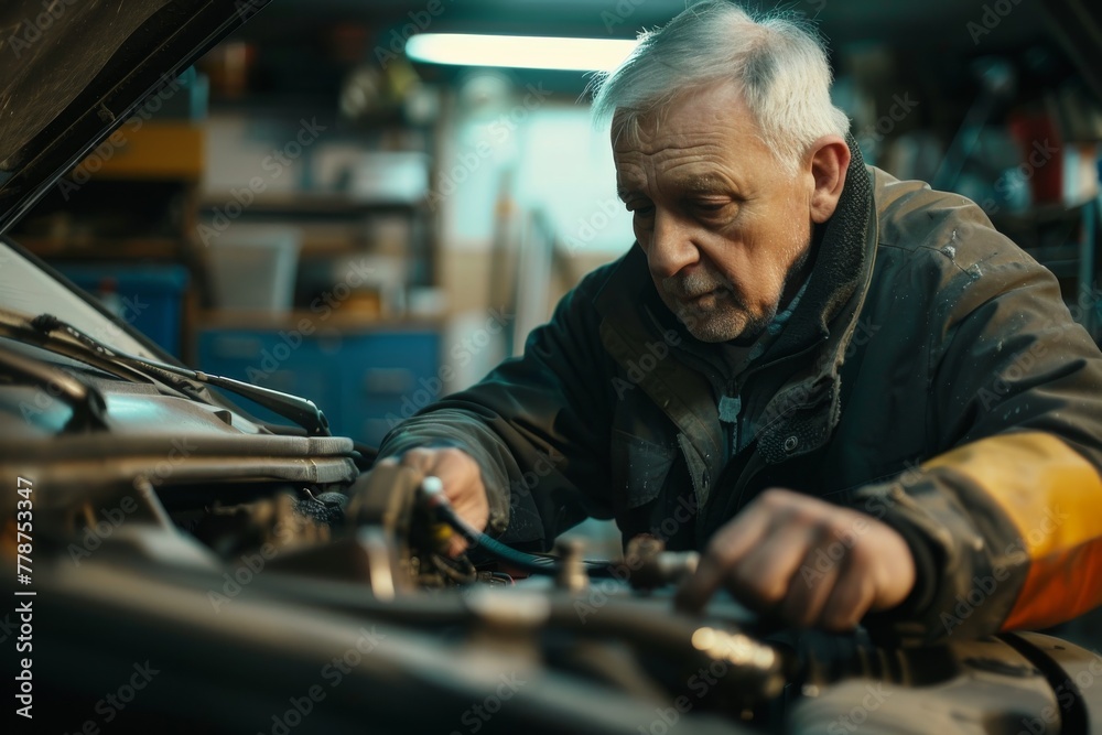 Poster mature mechanic attentively working on a car engine in a workshop, wearing a coat with tools in hand