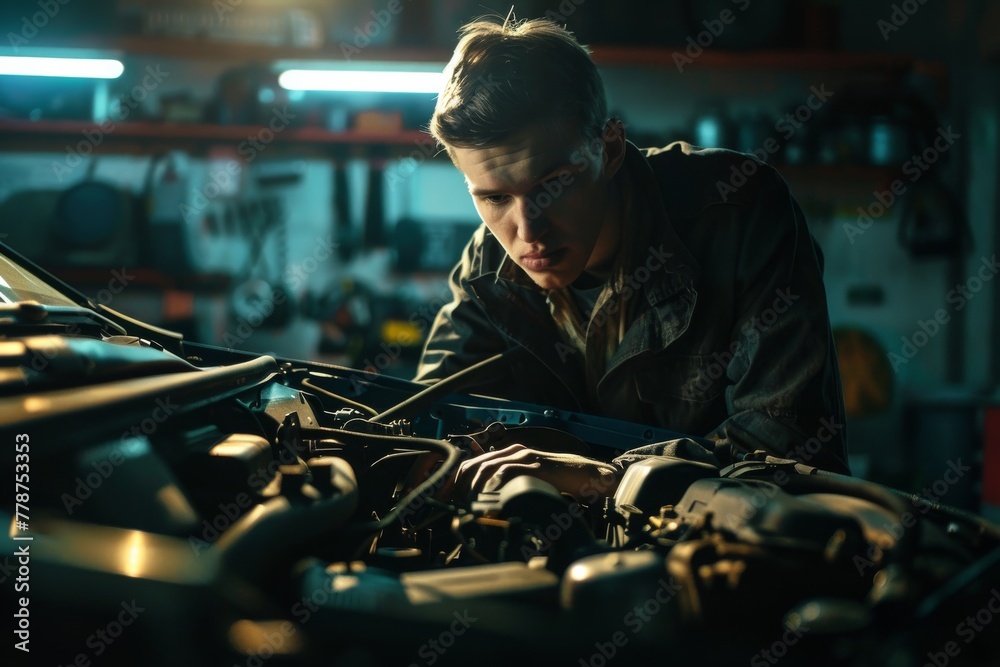 Poster a skilled mechanic carefully examines the car engine, intense focus on the complex task at hand in a