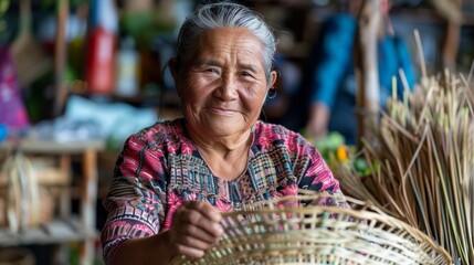 An older woman is weaving a traditional basket with a focused expression on her face, captured up close