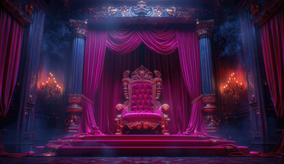 A dramatic red velvet throne chair with gold details sits on an empty stage, surrounded by ornate pink curtains. Created with Ai - obrazy, fototapety, plakaty
