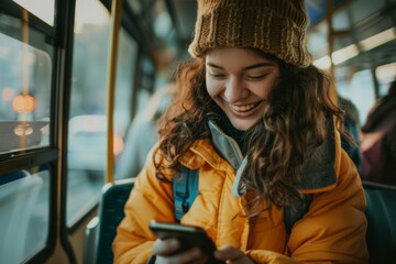 Fototapeta premium A joyful young woman wearing a beanie and yellow jacket smiles at her phone on a bus, capturing the pleasure of a connected life