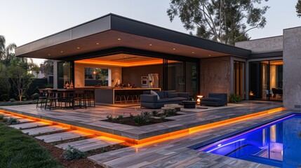   A sleek, contemporary home boasts a central swimming pool and an outdoor bar adjacent to the dwelling - obrazy, fototapety, plakaty