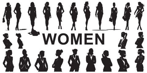 busines women silhouette vector set, full heght and portrait, unrecognizable person