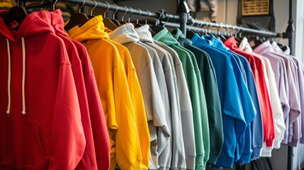 Variety of hoodies in bright colors arranged on hangers in store 