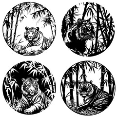 Four vector icons of a wild tiger in bamboo forest