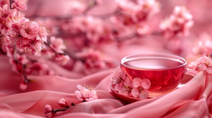   A cup of tea on a pink cloth beside cherry blossom branches