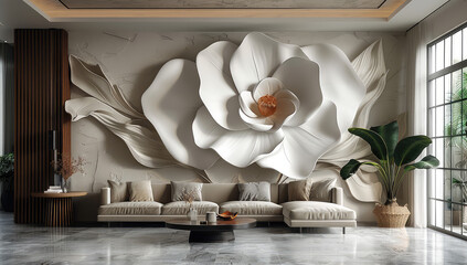 Fototapeta na wymiar A beautiful large flower-shaped wall mural in the interior of an industrial loft, with light gray and beige colors, white sofa and modern furniture. Created with Ai