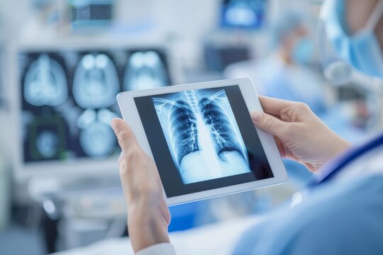 A healthcare professional reviewing a digital chest X-ray image of lungs on a tablet in a clinical setting