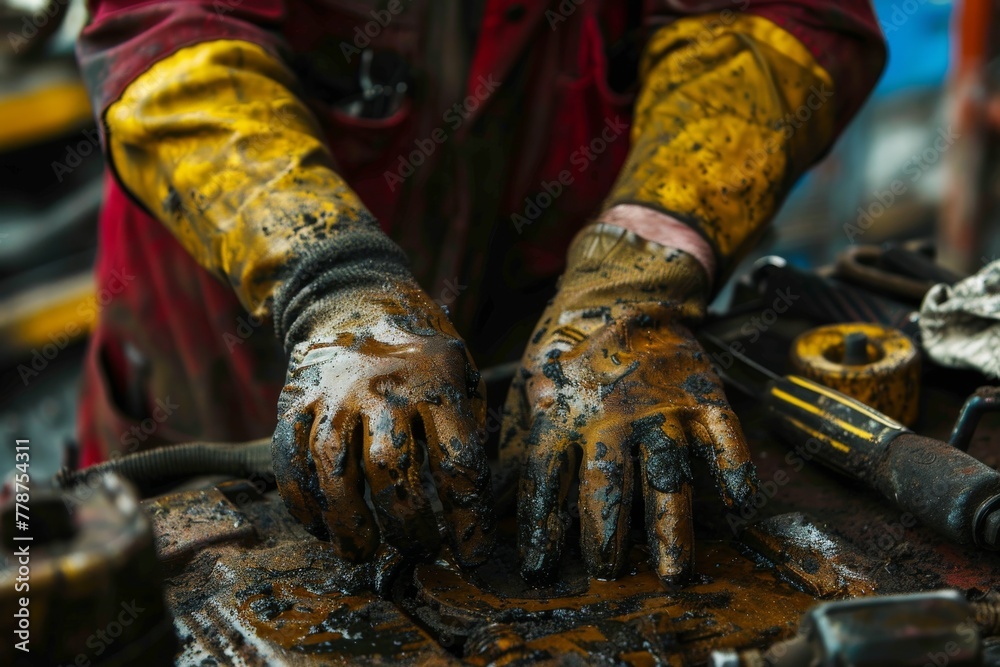 Poster a detailed close-up of a worker's greasy hands while repairing or maintaining complex mechanical mac