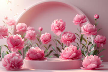 Pink flowers with pink podium. Created with Ai