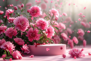 3D render, beautiful pink peonies on podiums, wall background, fashion show podium. Created with Ai