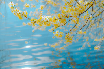 Close-up of tree branches with blossoming flowers hanging over the water. Nature, seasons. Weather. Wallpaper.