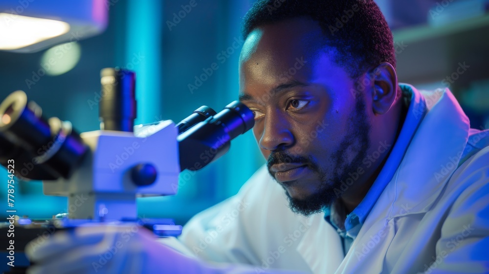 Poster focused male scientist examining samples with a microscope in a research laboratory