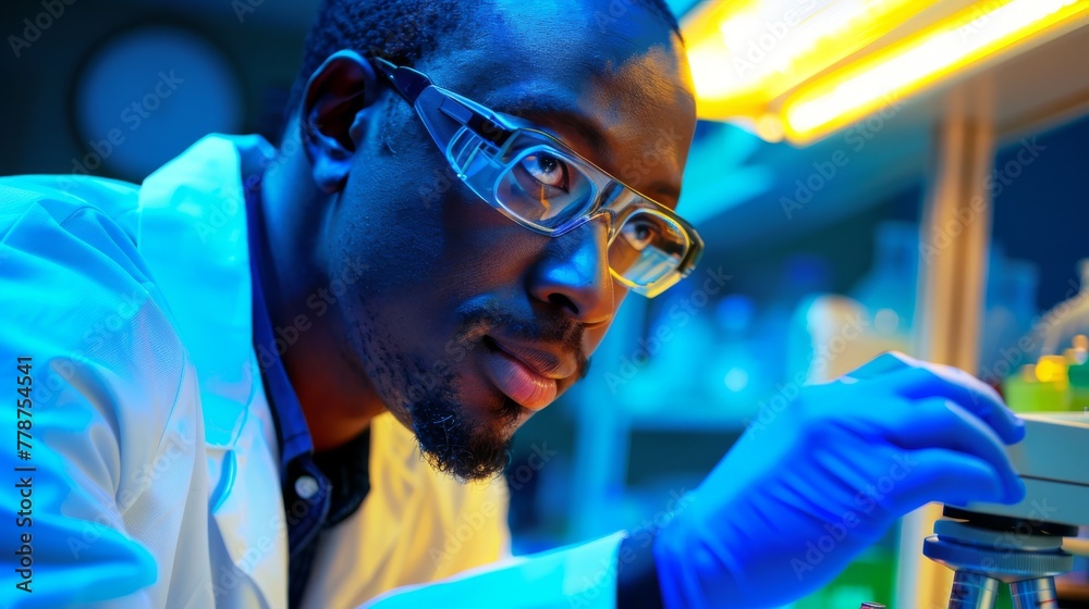 Poster a male scientist is intensely focused on his work in a high-tech laboratory filled with colorful equ
