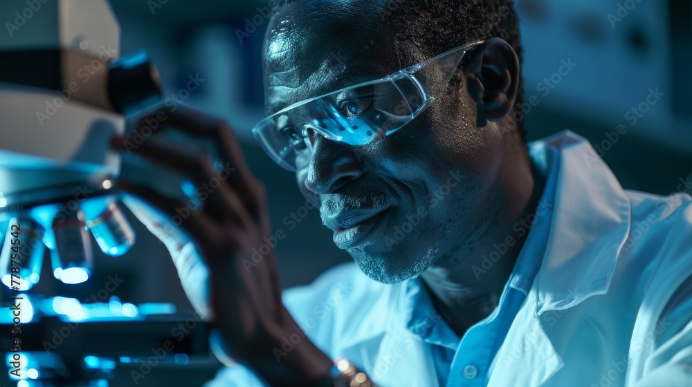 Leinwandbilder a researcher focuses intently on analyzing samples with a microscope in a modern laboratory setting