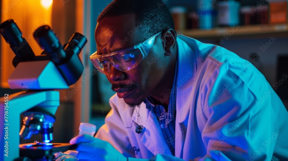 Poster an african male scientist carefully analyzes a sample using a microscope in a neon-lit laboratory en