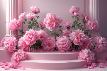 Obraz na płótnie Canvas Pink podium with peonies in the style of romantic floral still lifes. Created with Ai