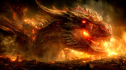 The fire red dragon brings disaster. Animal myths. Fictional world.