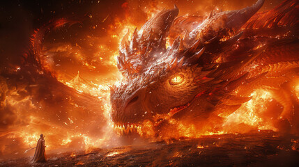 The fire red dragon brings disaster. Animal myths. Fictional world. - obrazy, fototapety, plakaty
