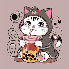 cute cat illustration drinking bubble tea. design use for t-shirt, stickers, marchendise and more